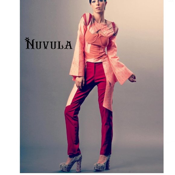 NWOT Nuvula New York Red pink and burgundy patchwork designer pants size L 10 - Picture 2 of 7